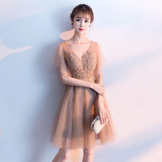 V-Neck Party Dress Tulle Party Dress Hilda Homecoming Dresses Champagne CD8428