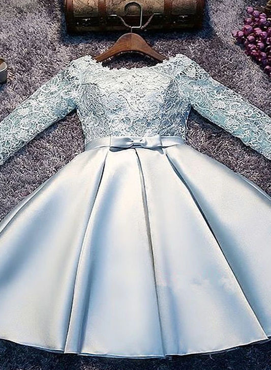 Light Blue And Long Sleeves Party Dress Cute Short Lace Pru Homecoming Dresses Satin Graduation DF8766