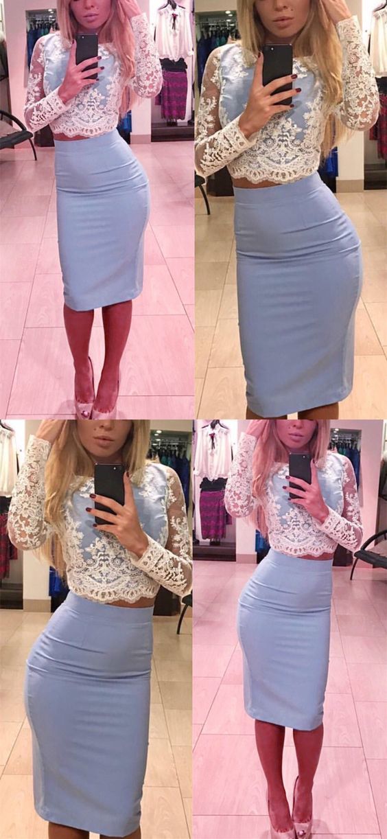 Lace April Homecoming Dresses Long Sleeves Crop Top Dresses Short Elegant CD880