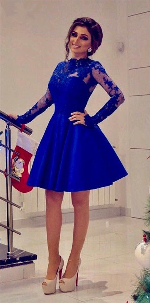 Short Long Sleeves Knee Length Royal Blue Homecoming Dresses Jewel A Line For Girls DF8897