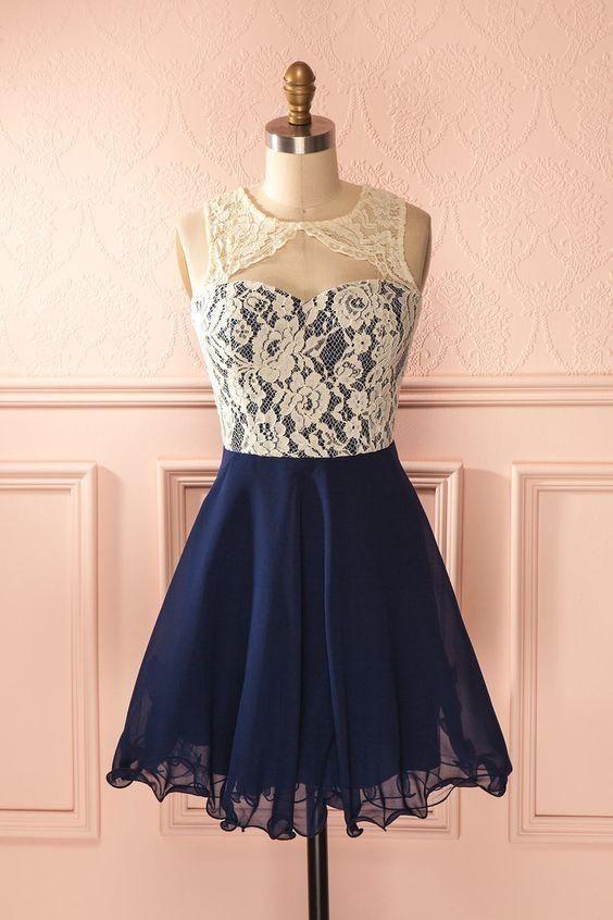 Cute Round Neck Navy Anastasia Lace Homecoming Dresses Blue Short CD9071