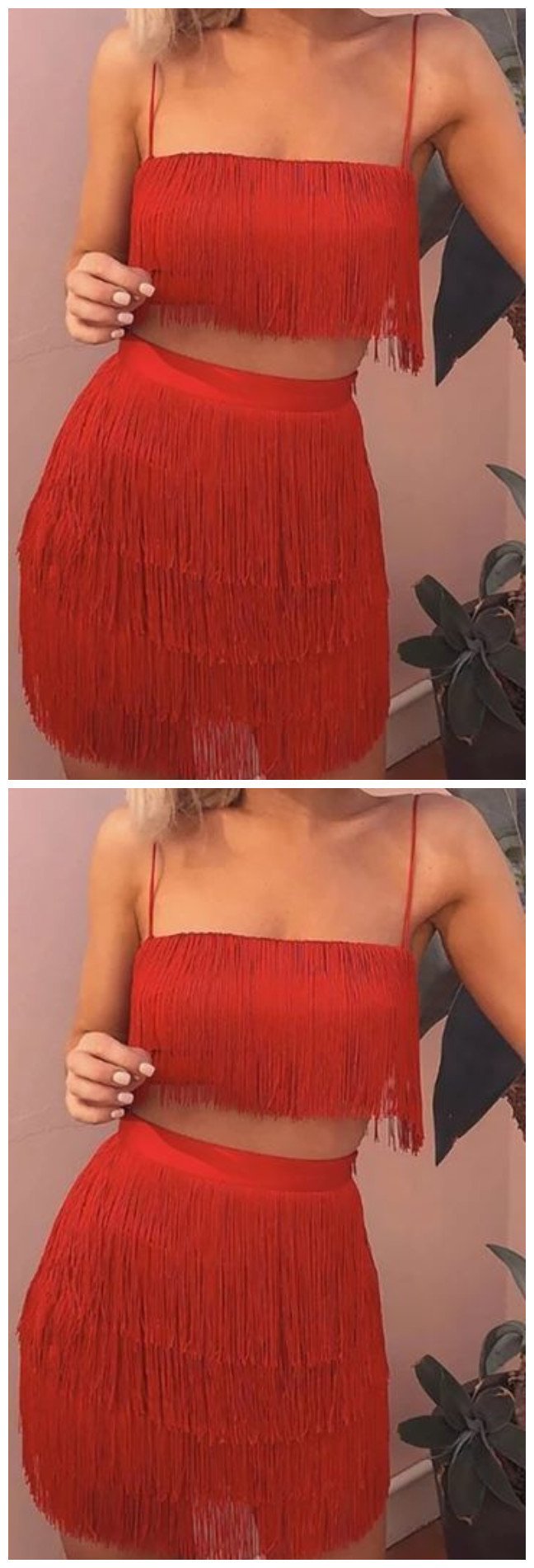 Sleeveless Spaghetti Strap Fringe Crop Emilia Homecoming Dresses Top Bodycon Two Piece Mini DF9312