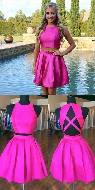 Two Piece A-Line Jewel Open Toni Homecoming Dresses Satin Back Short With Pleats DF9342