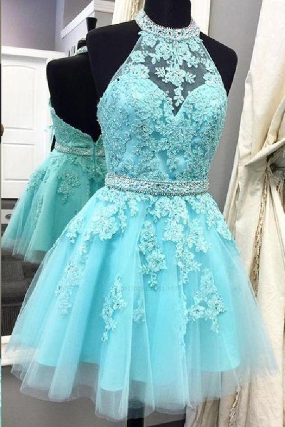 Halter Homecoming Dresses Lace Alyssa Neck A-Line Tulle/ Custom Made CD95