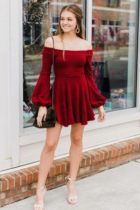 A-Line Off-The-Shoulder Long Sleeves Short Dark Red Maria Homecoming Dresses Velvet DF9623