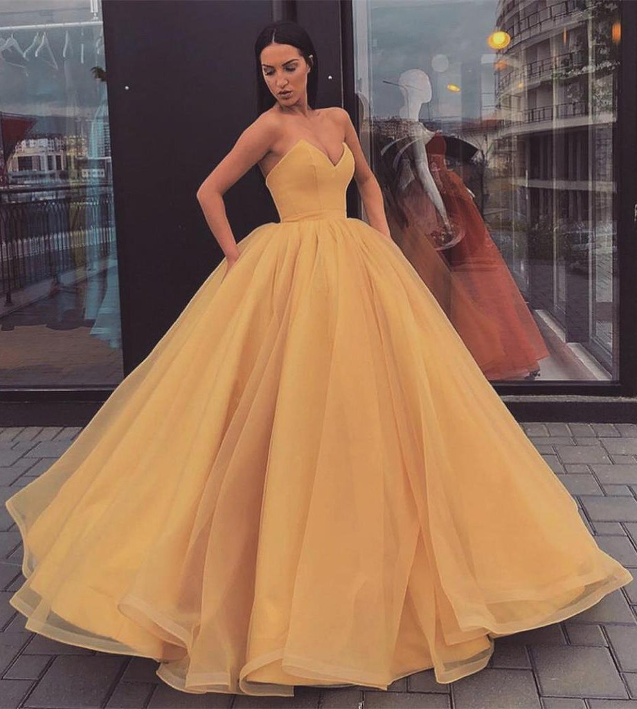 Sweetheart Strapless Yellow Long Modest Prom Gown, Ball Gown Quinceanera Dresses SJS15441