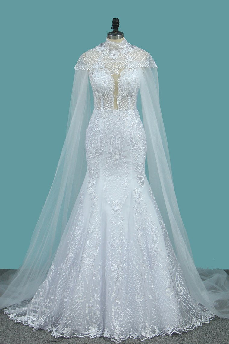 2024 Tulle Scoop Wedding Dresses Mermaid With Applique Chapel Train