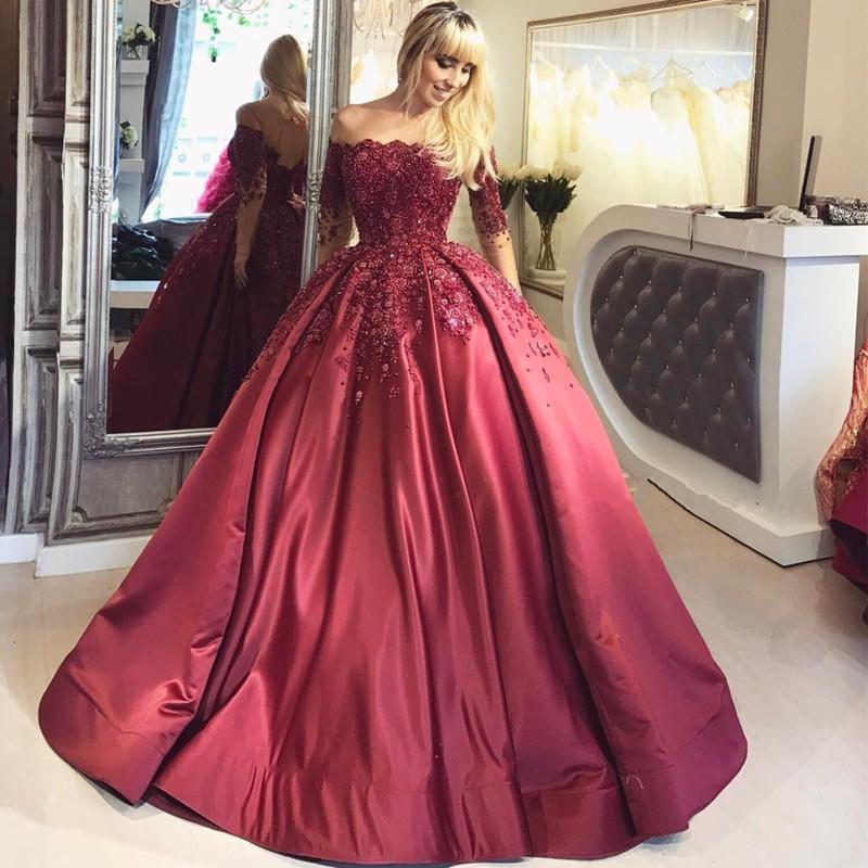 2024 Dark Red Lace Long Sleeve Prom Dress Off-the-Shoulder Ball Gown Quinceanera SRS10076