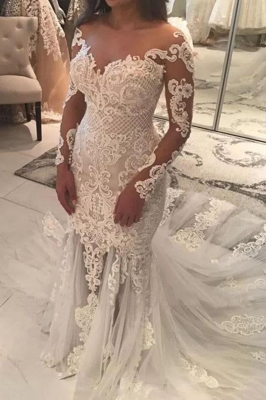 Long Sleeve Sparkly Mermaid V Neck Beads Wedding Dresses With Applique SRS15249