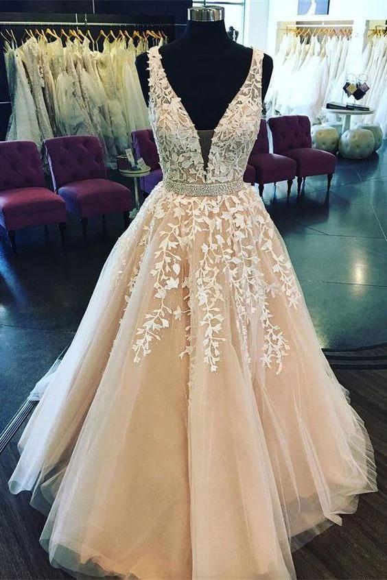 Fashion Ball Gown V Neck Prom Dresses with Appliques and Beads, Quinceanera Dresses SJS15582