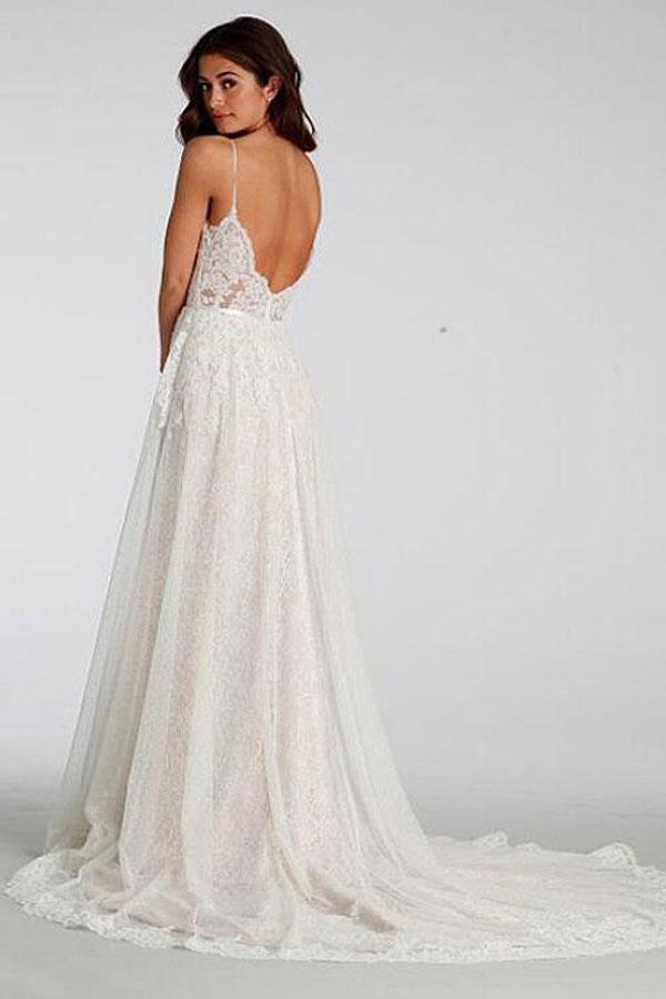 Chic A-Line Sweetheart Backless Lace Beach Spaghetti Straps Long Wedding Dresses JS375