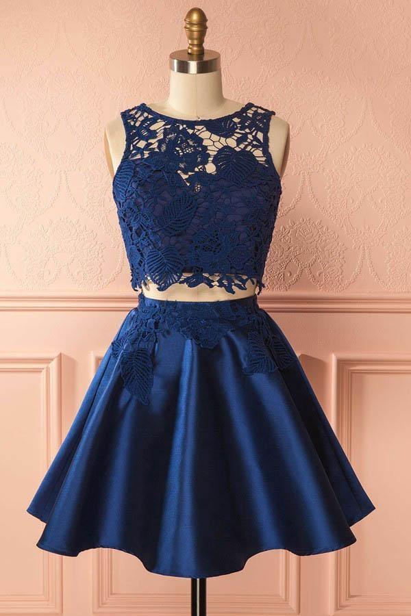 Two Piece Dark Blue Satin Cute Short A-Line Homecoming Dress with Lace Appliques JS130