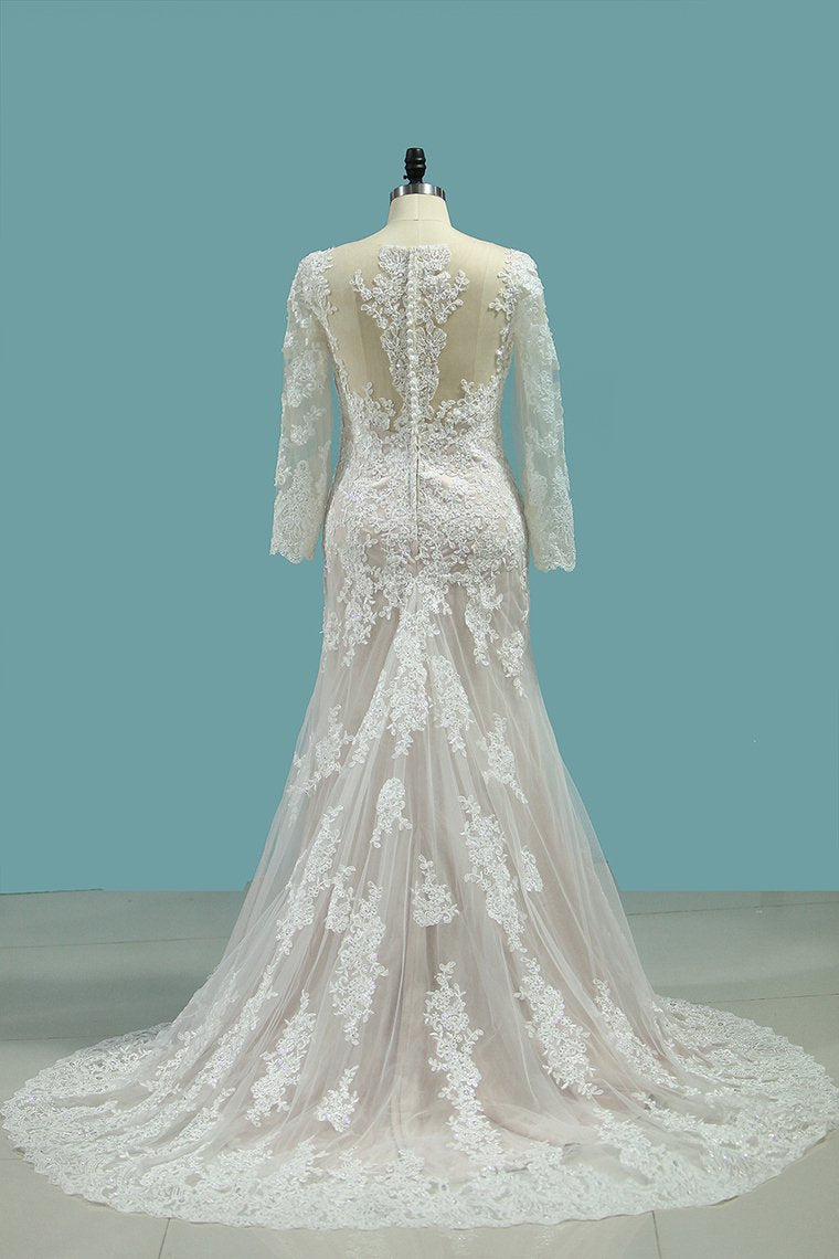 2024 Bateau Wedding Dresses Mermaid Long Sleeve Tulle With Applique Sweep Train