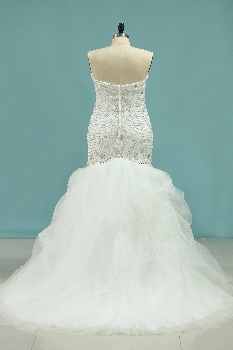 2024 Mermaid Beaded Bodice Wedding Dresses Sweetheart Tulle Sweep Train