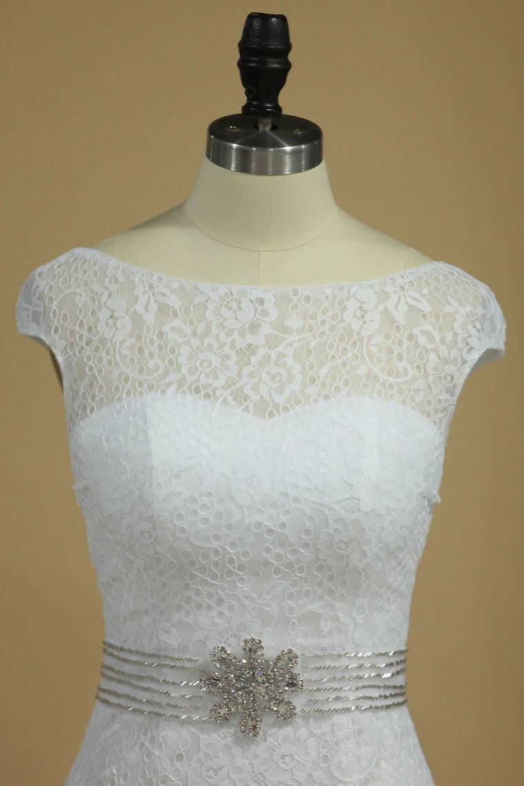 2024 Scoop Cap Sleeves Mermaid Wedding Dresses Beaded Waistband Lace