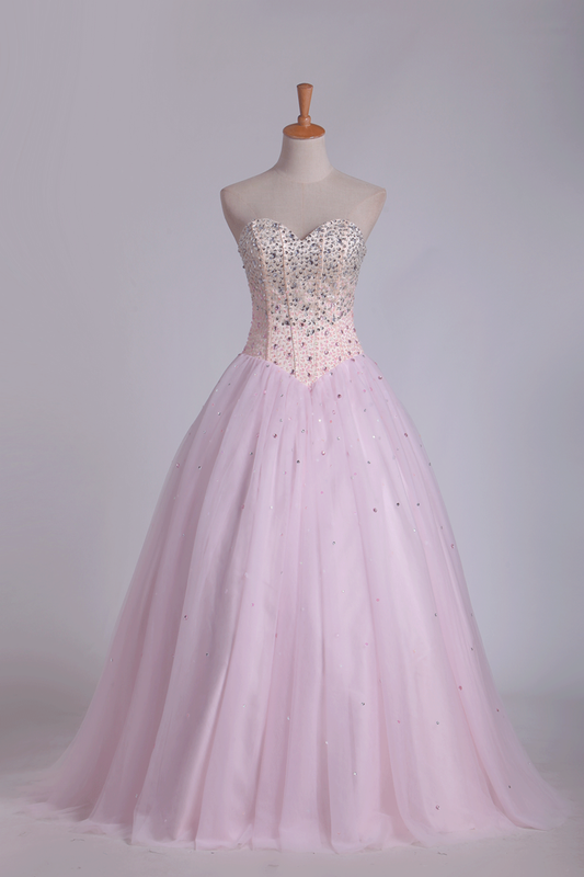 2024 Ball Gown Tulle Sweetheart Beaded Bodice Floor Length Quinceanera Dresses