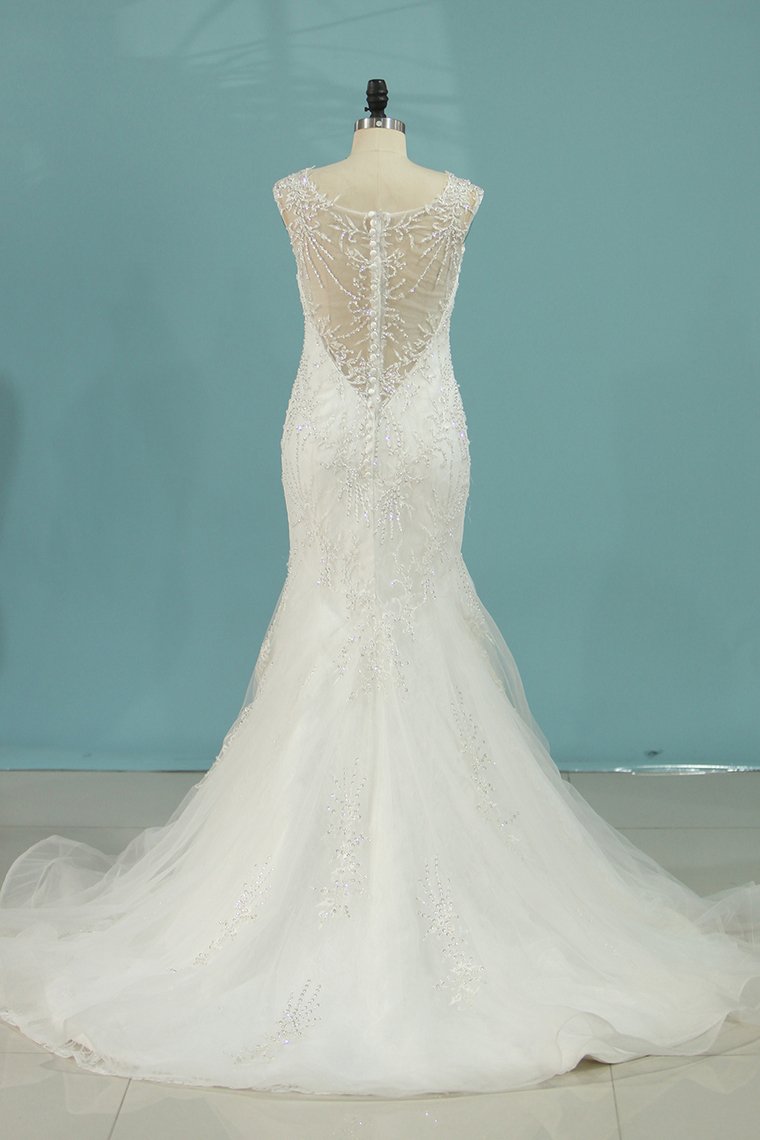 2024 Mermaid/Trumpet Wedding Dresses V-Neck Chapel Train Tulle With Applique Sleeveless