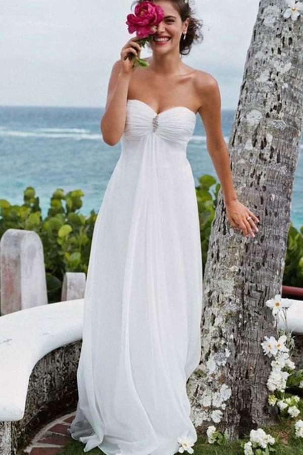 Elegant A-Line Sweetheart White Strapless Chiffon Beach Wedding Dress with Beads JS784