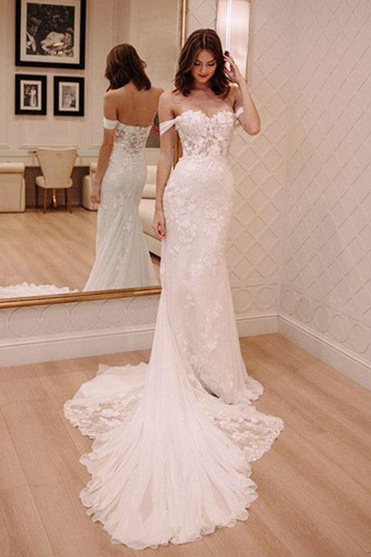 Sheath Off-the-Shoulder White Mermaid Chiffon Lace Appliques Beach Wedding Dresses UK JS328