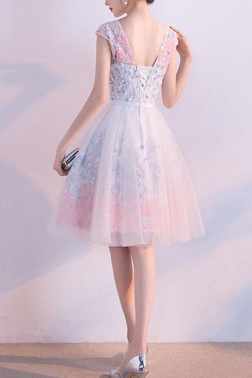 A line Short Appliques Tulle Lace Round neck Knee length Pink Homecoming Dress JS187