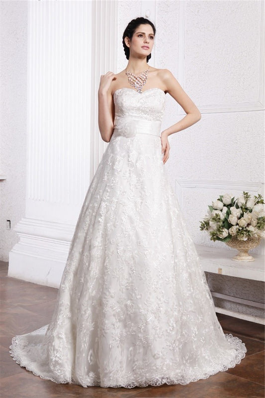 A-Line/Princess Sweetheart Sleeveless Sash Long Lace Wedding Dresses DFP0006928