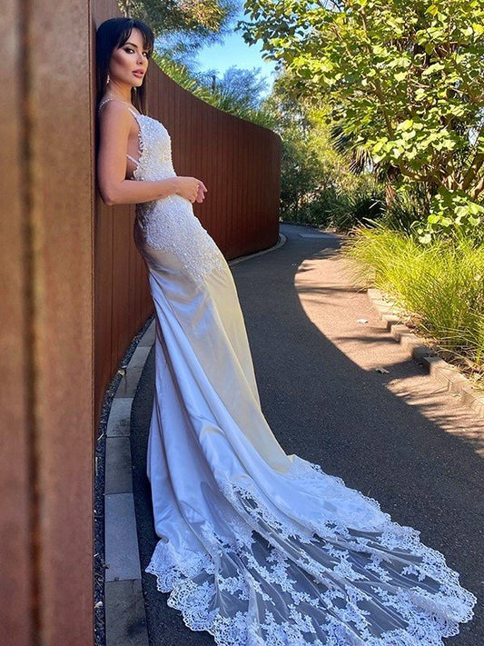 Trumpet/Mermaid Elastic Woven Satin Spaghetti Straps Lace Sleeveless Court Train Wedding Dresses DFP0006528