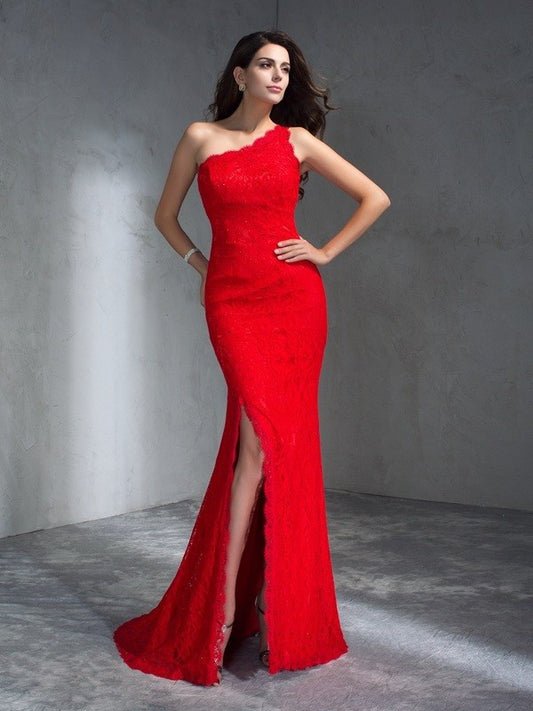 Trumpet/Mermaid One-Shoulder Sleeveless Long Lace Dresses DFP0002833