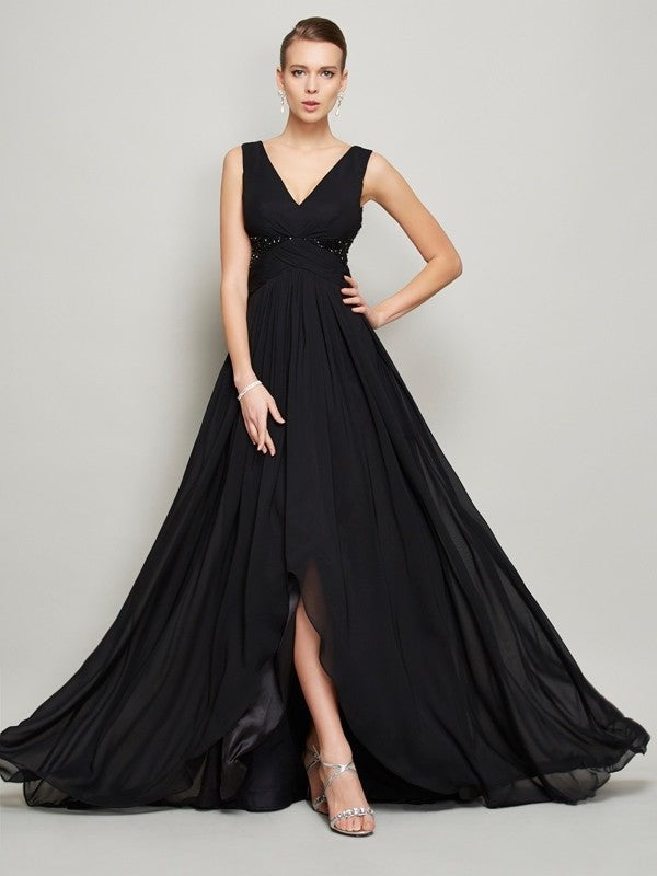 A-Line/Princess V-neck Sleeveless Beading Long Chiffon Dresses DFP0002672