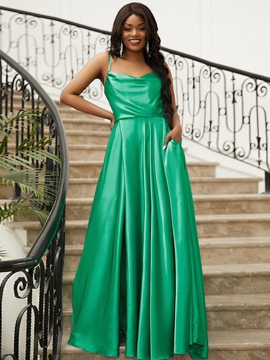 A-Line/Princess Silk like Satin Ruffles Spaghetti Straps Sleeveless Sweep/Brush Train Dresses DFP0001665