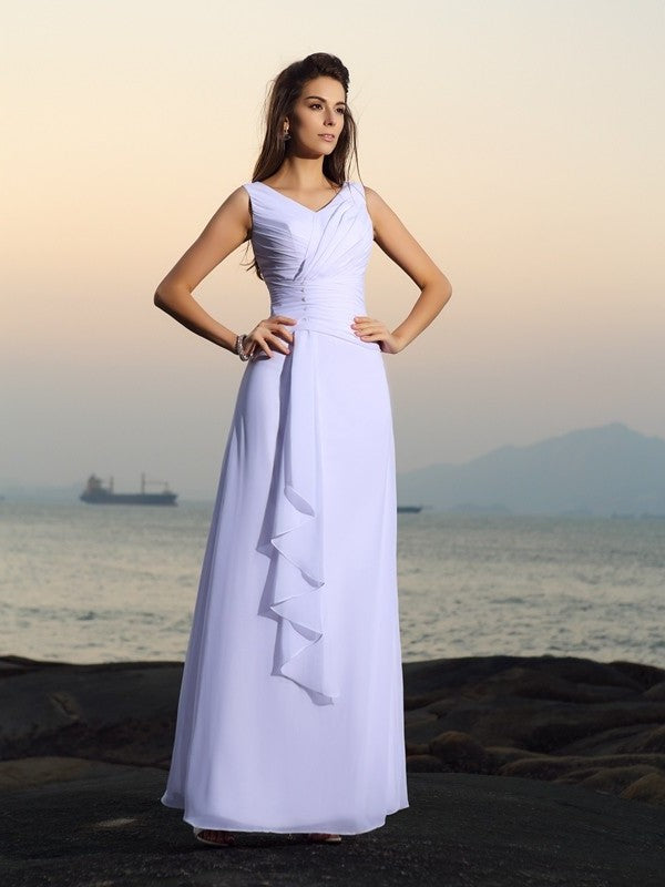 A-Line/Princess V-neck Pleats Sleeveless Long Chiffon Beach Wedding Dresses DFP0006534