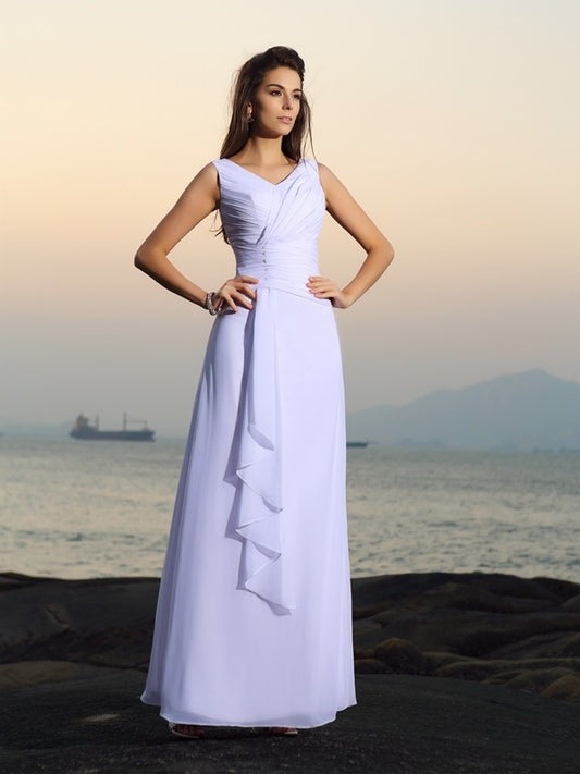 A-Line/Princess V-neck Pleats Sleeveless Long Chiffon Beach Wedding Dresses DFP0006534