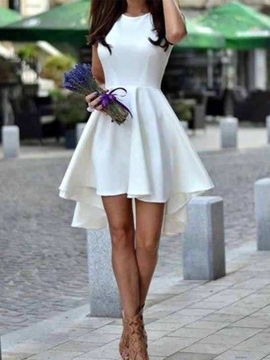 A-Line Jewel Cut Short With Ruffles Satin White Homecoming Dresses DFP0008222