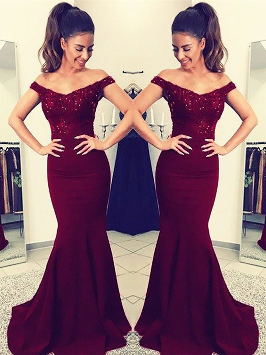 Trumpet/Mermaid Off-the-Shoulder Sleeveless Sweep/Brush Train Lace Elastic Woven Satin Dresses DFP0001908