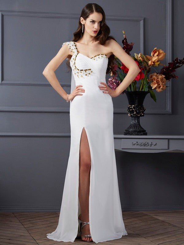 A-Line/Princess One-Shoulder Sleeveless Beading Long Chiffon Dresses DFP0004299