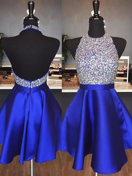 A-Line Halter Cut Short With Beading Satin Royal Blue Homecoming Dresses DFP0007998