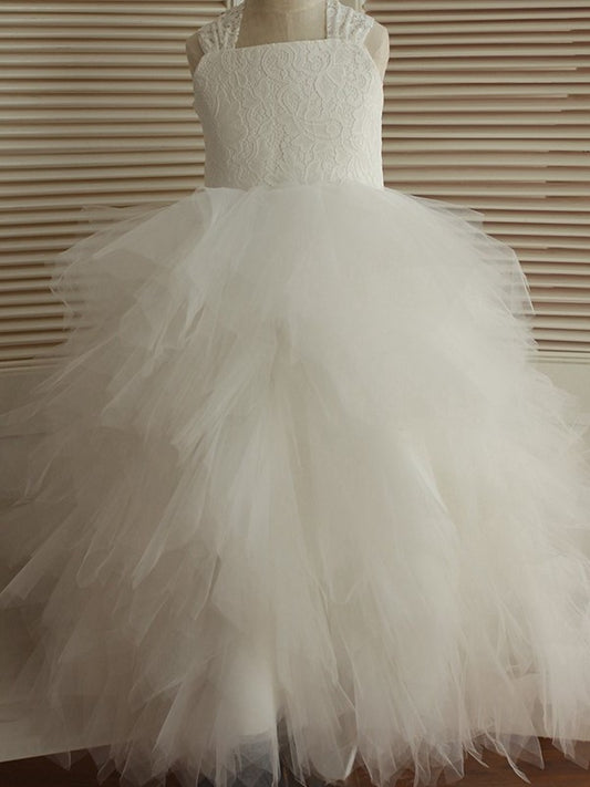 A-Line/Princess Ankle-Length Straps Lace Sleeveless Tulle Flower Girl Dresses DFP0007555