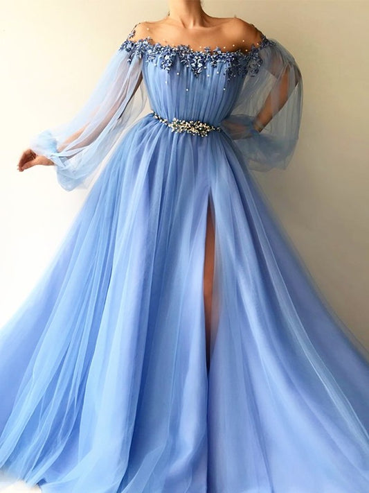 A-Line/Princess Long Sleeves Off-the-Shoulder Tulle Beading Floor-Length Dresses DFP0001463