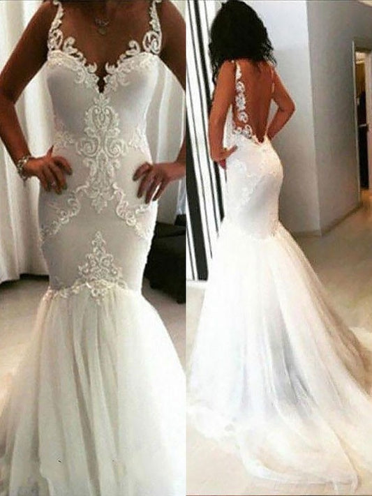 Trumpet/Mermaid Chapel Train Applique Spaghetti Straps Sleeveless Tulle Wedding Dresses DFP0006357
