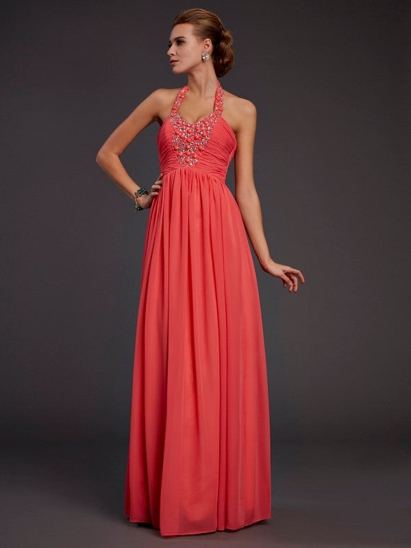 A-Line/Princess Halter Sleeveless Hand-Made Flower Long Chiffon Dresses DFP0003919