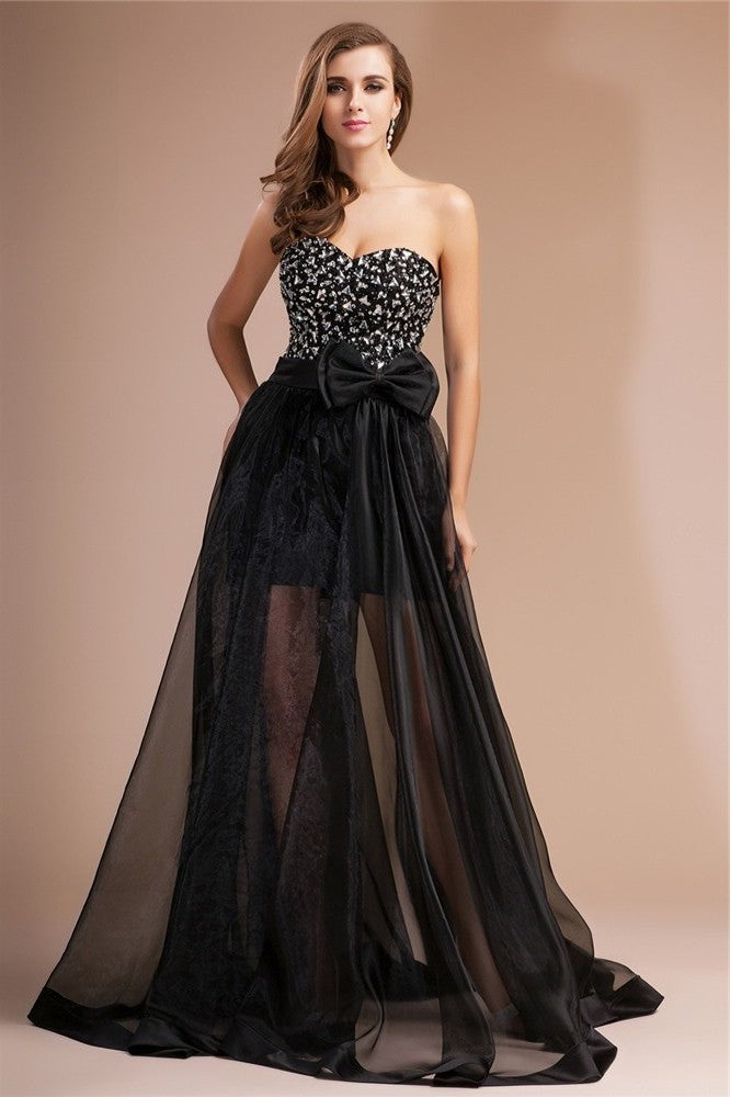 Sheath/Column Sweetheart Beading Long Sleeveless Organza Elastic Woven Satin Dresses DFP0003428