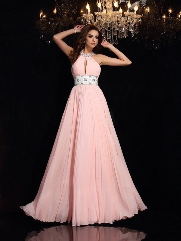 A-Line/Princess High Neck Pleats Sleeveless Long Chiffon Dresses DFP0002160