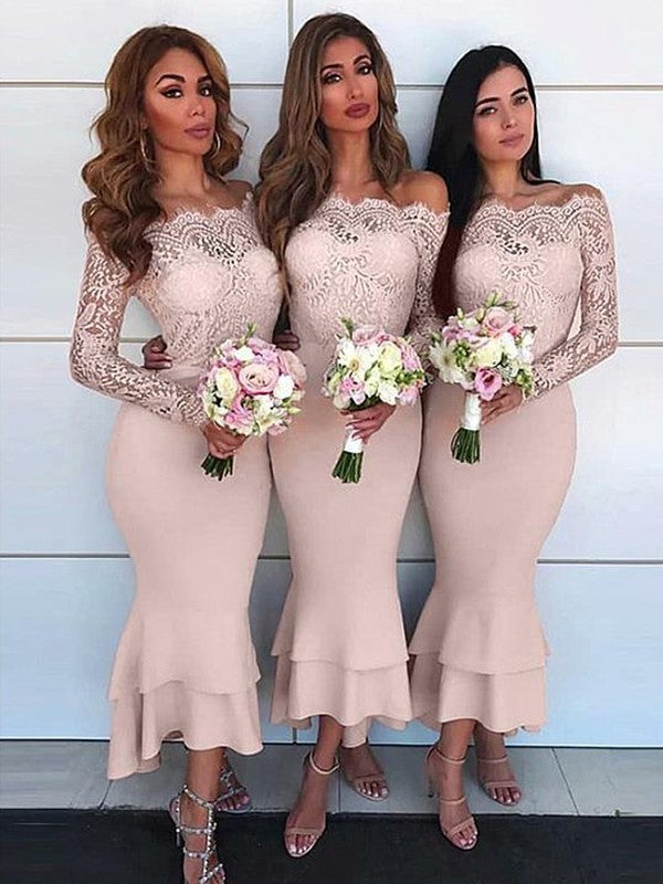 Sheath/Column Off-the-Shoulder Long Sleeves Ankle-Length Lace Stretch Crepe Bridesmaid Dresses DFP0005149