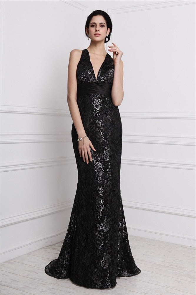 Sheath/Column V-neck Sleeveless Long Lace Dresses DFP0004234