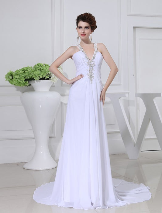 A-Line/Princess Beading V-neck Sleeveless Chiffon Wedding Dresses DFP0006864