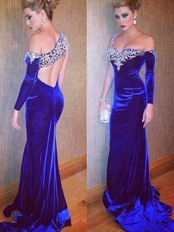 Sheath/Column Long Sleeves One-Shoulder Sweep/Brush Train Beading Velvet Dresses DFP0003115