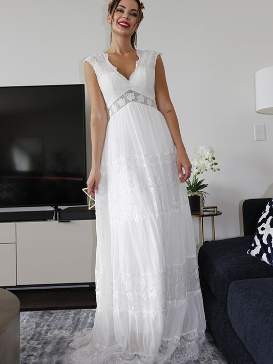 A-Line/Princess V-neck Short Sleeves Lace Ruched Floor-Length Wedding Dresses DFP0005984