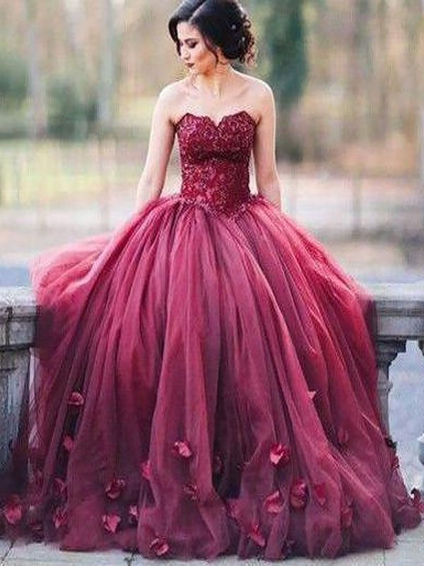 Ball Gown Sleeveless Sweetheart Applique Floor-Length Tulle Dresses DFP0001811