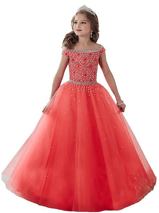 Ball Gown Off-the-Shoulder Sleeveless Beading Floor-Length Tulle Flower Girl Dresses DFP0007563