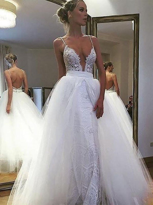 A-Line/Princess Tulle Lace Spaghetti Straps Sleeveless Floor-Length Wedding Dresses DFP0006158