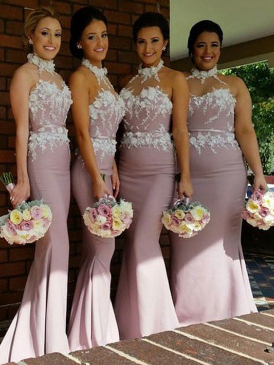 Trumpet/Mermaid Halter Sleeveless Satin Floor-Length Bridesmaid Dresses DFP0005134